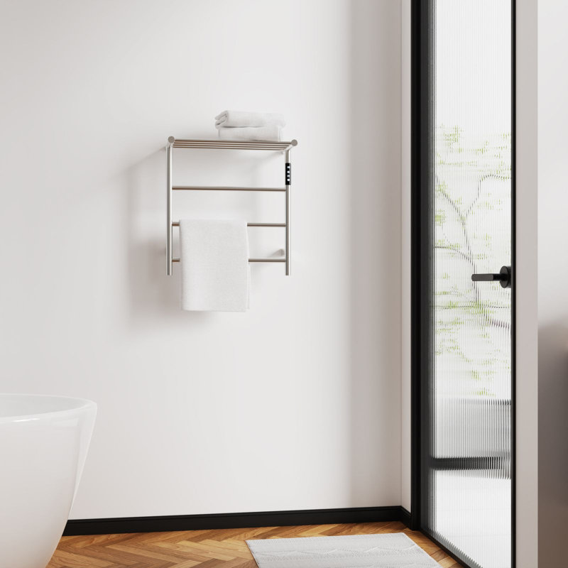 Heated Towel Rack With Top Shelf, 3-Bar Towel Wall Mountedwarmer With Intelligent Touch Screen Timer, Brushed