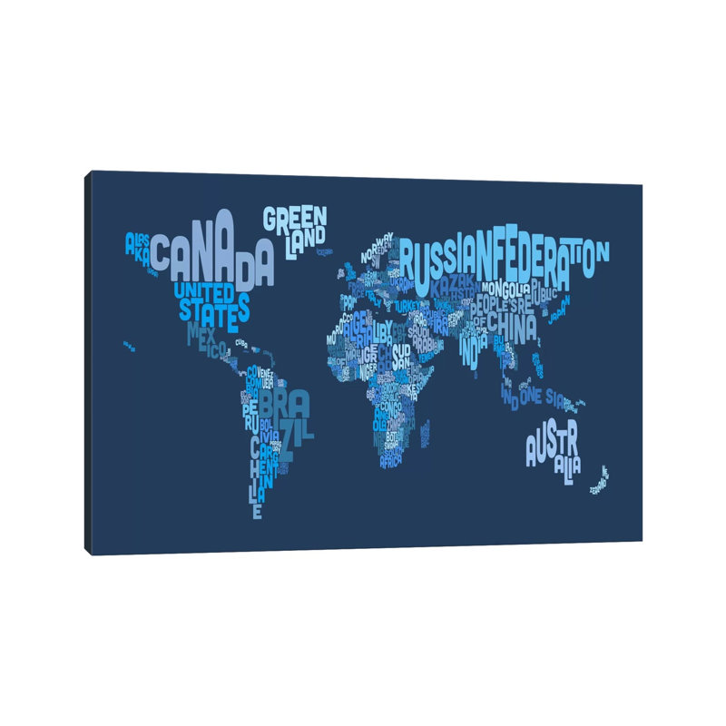Typographic Text World Map IV (Blue) by Michael Tompsett - Wrapped Canvas Print, 101.6 cm H x 66.04 cm W x 1.91 cm D
