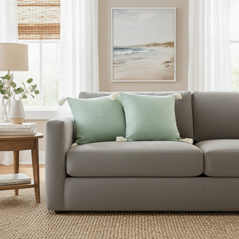 Housse de coussin décorative Rootara contemporaine unie 100 % coton turc, Green/Cream