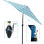 Parasol d'extérieur 9 pi, pavillon à rayures bleues, conception hexagonale, angle d'inclinaison de 45 degrés, ouverture de la manivelle, poteau et nervures en acier, intempéries