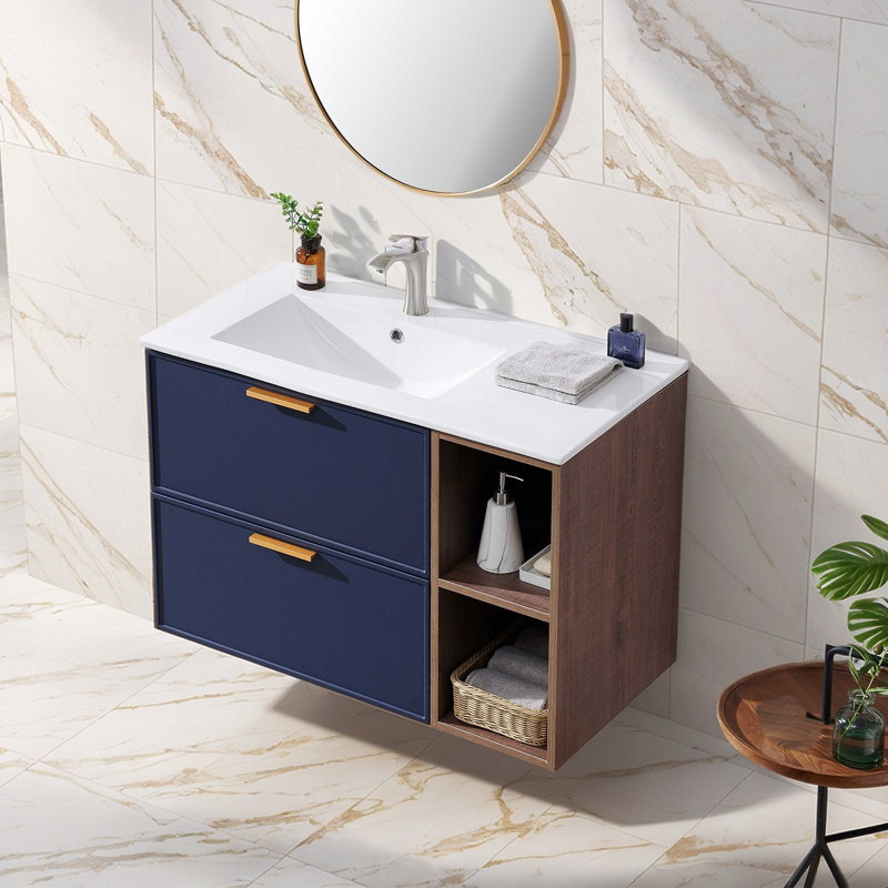 Ensemble de meuble-lavabo mural moderne bleu 36 po