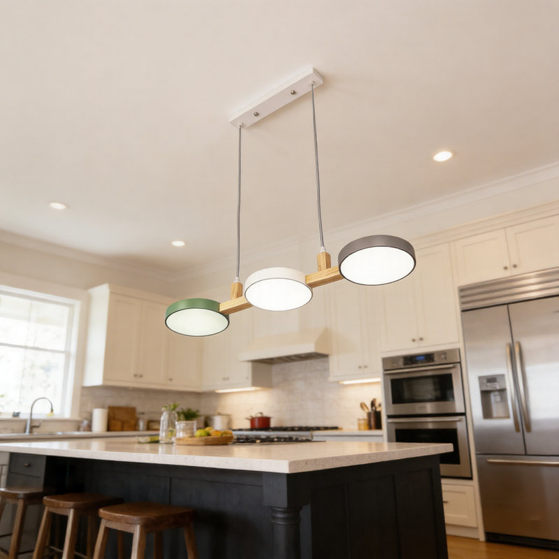 Luminaire suspendu moderne à 3 lumières, structure en bois et en fer avec abat-jour en acrylique vert, blanc et gris, avec lumière DEL tricolore