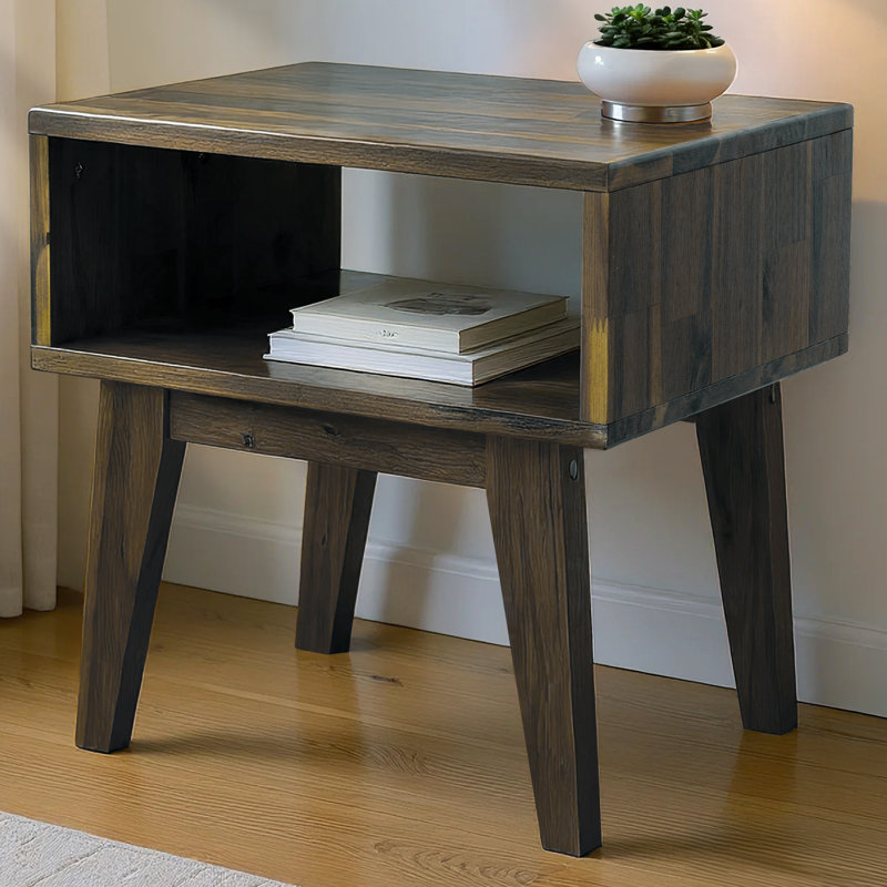 Acacia Jhasir Solid Wood Nightstand, Mid Century Modern Side Table Bedroom with Storage, Mocha