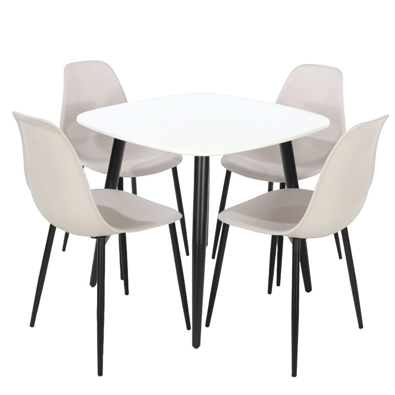 Aspen 5-Piece Casual Dining Set - Compact Square Table & 4 Curved Plastic Chairs, White, Calico