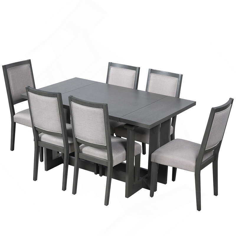 Ensemble de table de salle à manger extensible 7 pièces avec table à tréteaux et 6 chaises rembourrées, Gris, Gris