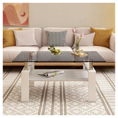 Table basse moderne moderne avec plateau en verre trempé gris et tablette de rangement en panneau de fibres à densité moyenne, table de salon de style industriel