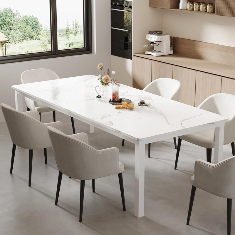 Table de salle à manger de 78,7 po de long pour 6 à 8 personnes, grande table de cuisine rectangulaire avec pieds en métal robustes, table de salle à manger industrielle moderne avec coin rond, faux marbre blanc / blanc