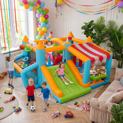 Bounce House With 450W Blower, Featuring A Bounce Area, Tall Slide, Soccer Goal, Basketball Hoop, Snack Bar, Punching Ball, And Obstacle. Indoor/Outdoor Bounce Castle For Kids Aged 3-12