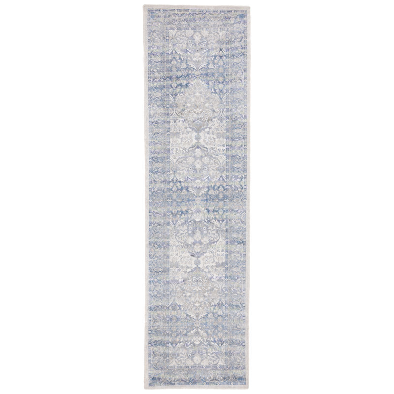 Restoration Vintage Hand Loomed Wool/Viscose Oriental Rug in Blue/Ivory, Runner 2'3" x 9'