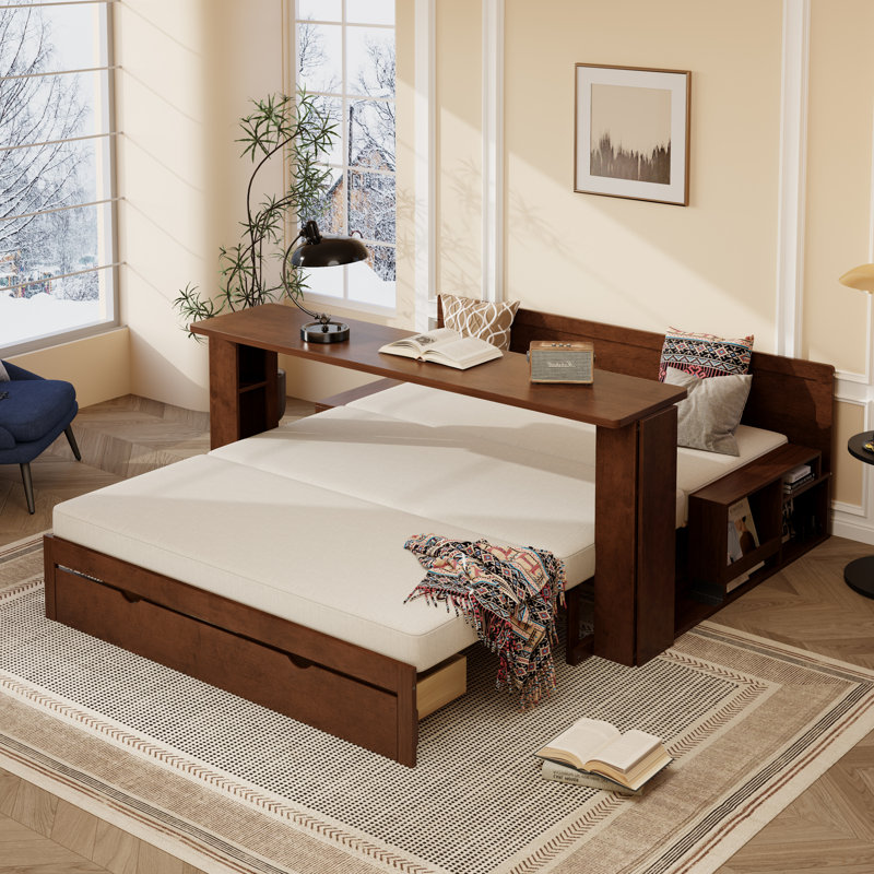 Grand lit de jour avec bureau détachable, tiroirs de rangement et table d'appoint hydraulique, finition espresso