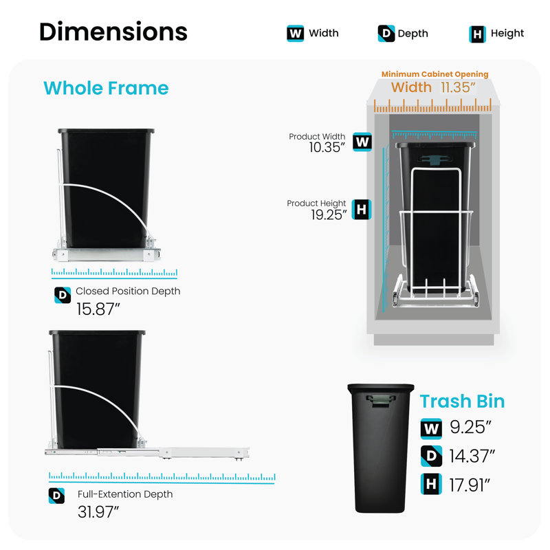 Home Zone Living 7.6 Gallon Under Cabinet Open Pull Out Trash Can, Adjustable Slide Out Waste Bin