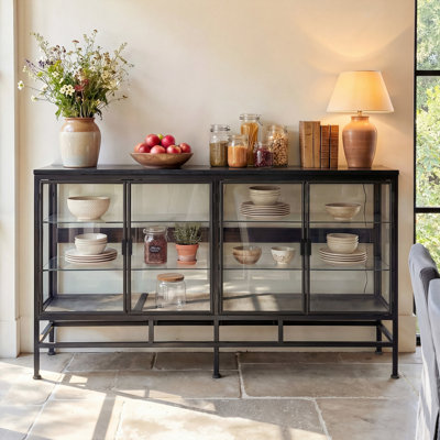63'' W Four-Sided Glass Display Sideboard Cabinet with 4 Doors and Shelves