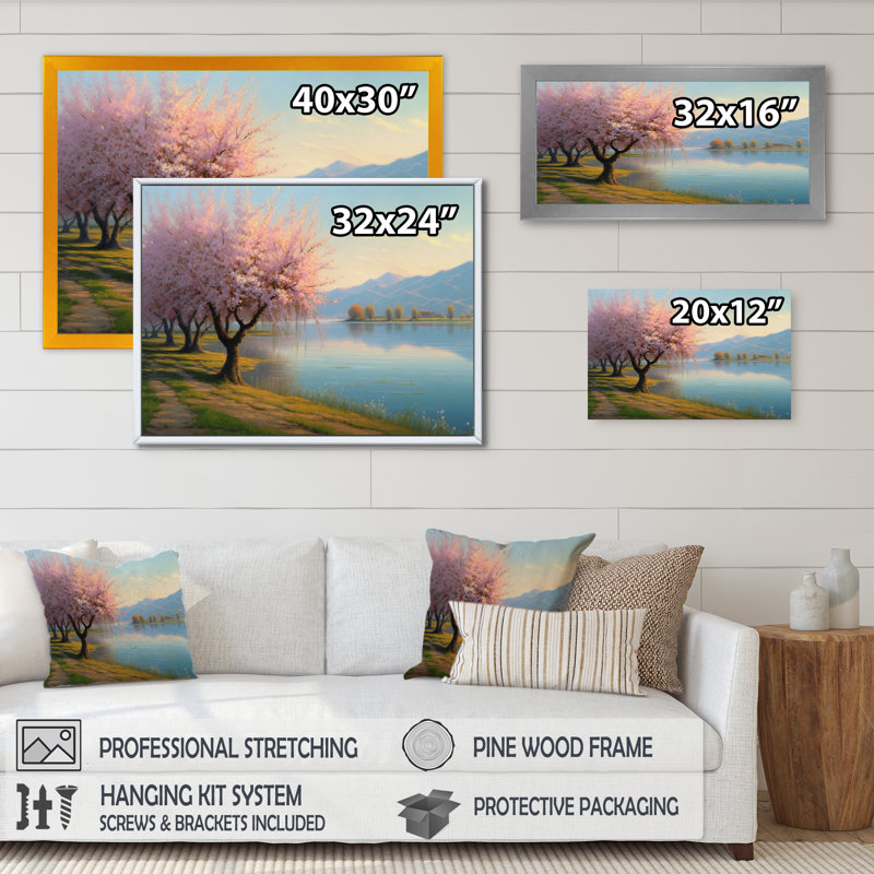 «Rous Cherry Blossom Trees» au bord de l'eau II - reproduction, H 12 po x l 20 po x P 1 po, Cadre flottant noir