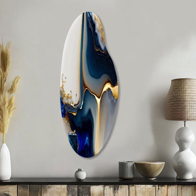 Abstract Geode Gold And Blue Marble Shape I - Abstract Marble Curved Shape Asymmetric Metal Wall Art
