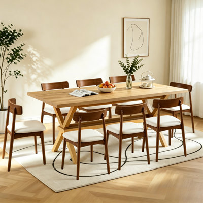 Dittmer 71" Modern Farmhouse Dining Table Set For 6-8 People, Wood Grain MDF Dining Table With Storage Beam & Solid Wood Chairs