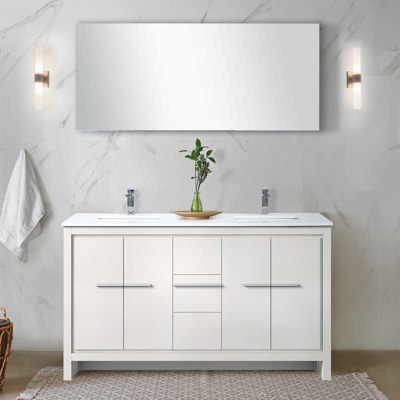 Lafarre 60 in W x 20 in D Double Bath Vanity Mirror and Faucet Set, White, White Cultured Marble