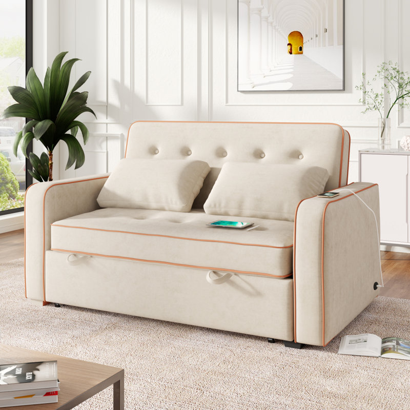 Upholstered Sleeper Bed, Pull Out Sofa Bed Couch Attached Two Throw Pillows, Comfy Sofa, Beige Velvet