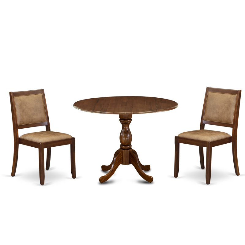 0DD9D79E839148F298B2B926DBB81171 3-pc Dining set included a Round Table and 2 Brown Textured Faux Leather stackable Chair, Antique Walnut Finish.