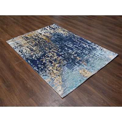 Tapis oriental 4 pi 10 po x 6 pi 10 po avec motif doré, motif mosaïque moderne, tissage dense, noué à la main, laine et soie, tapis oriental
