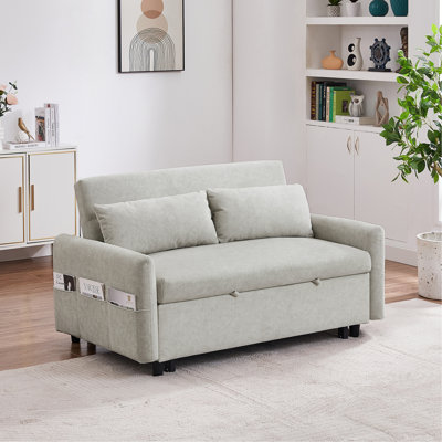 Canapé-lit de 55,1 po avec canapé-lit escamotable avec dossier ajustable, poches de rangement, 2 coussins moelleux, ports USB pour le salon, la chambre à coucher, l’appartement, le bureau, beige