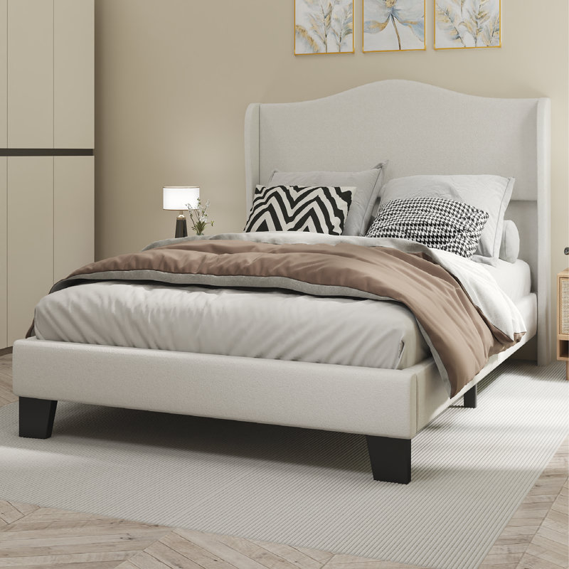 Lit plateforme en chenille pleine grandeur avec tête de lit à oreilles de 51 po de hauteur, tissu doux chenille, lit plateforme simple de style rétro sans sommier, facile à assembler, beige