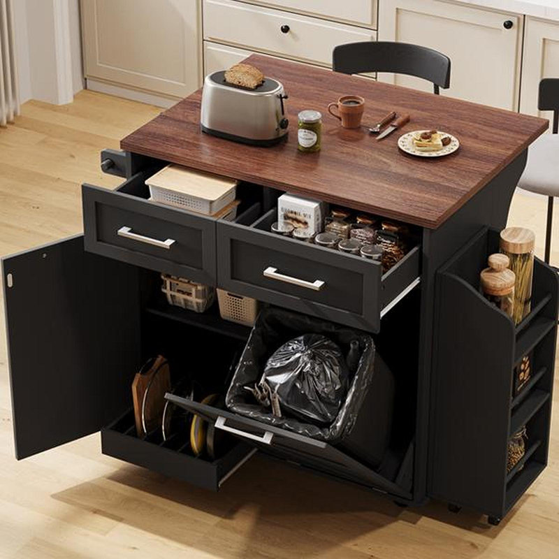 47.2" Wide Kitchen Island With Drop Leaf And Freestanding Rack, Black