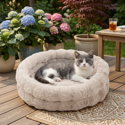Washable Round Bed for Indoor Cats & Small Dogs, Soft Plush Faux Fur Removable Pet Bed for Puppy & Kitten, 20x20x6in