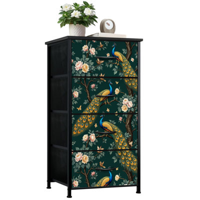 Commode pour chambre à coucher avec 4 tiroirs de rangement Élégante commode de style paon à motif floral vert foncé Commode en tissu pour chambre d'enfant