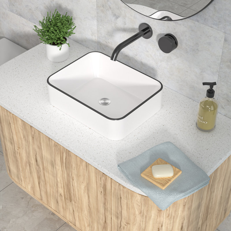 Lavabo de salle de bain vasque rectangulaire en céramique 15 po Kichae, Blanc / noir