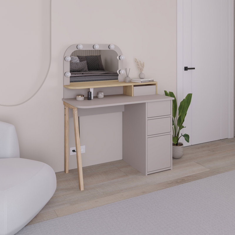 Camryne Dressing Table with Mirror, Light Mocha/Sapphire Oak