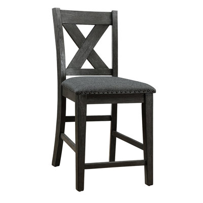 Of 2 Counter Height Dining Chairs, Gray Finish With X Back And Cozy Cushion Seat, Solid Wood For Area In Gray, Style Cushioned Room Use