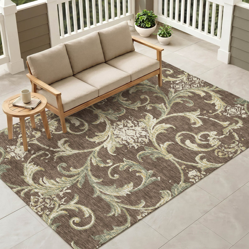 Tapis damassé intérieur / extérieur lavable à la machine ACN3012, Café, 10 pi x 14 pi