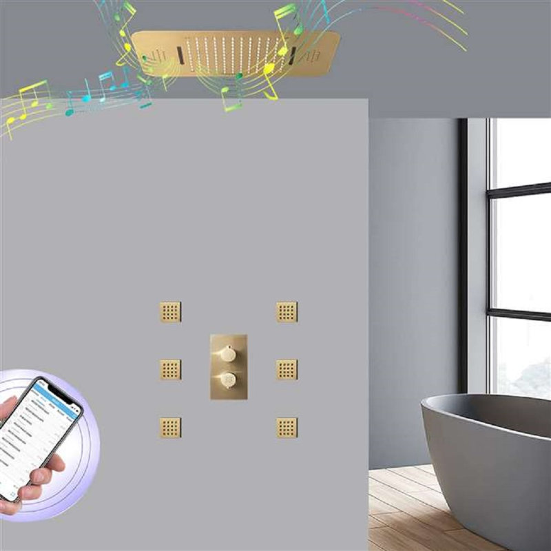 Fondi 20x14" Brushed Gold LED Digital Musical Shower System – Remote Controlled Rainfall & Waterfall Ceiling Mount