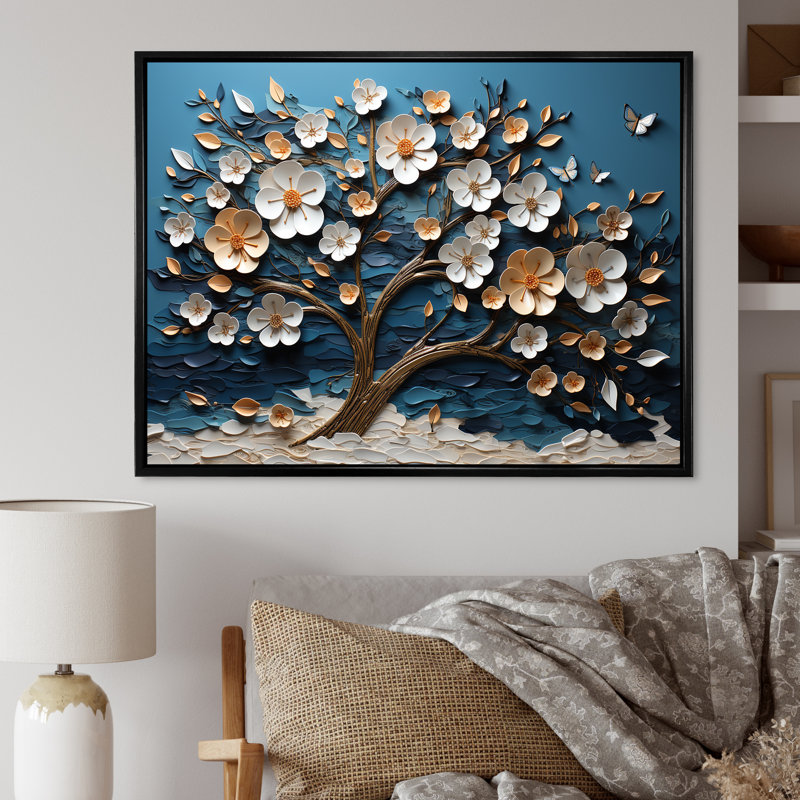 Blue And White Orchid Tree Garden Of Branches II - Tree Wall Art, 24" H x 32" W x 1" D, Black Floater Framed