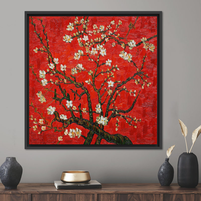 Van Gogh Almond Blossom Tree Landscape Canvas Art Reproduction Wall Decor, Black, Framed Print without Mat, 41" H x 41" W
