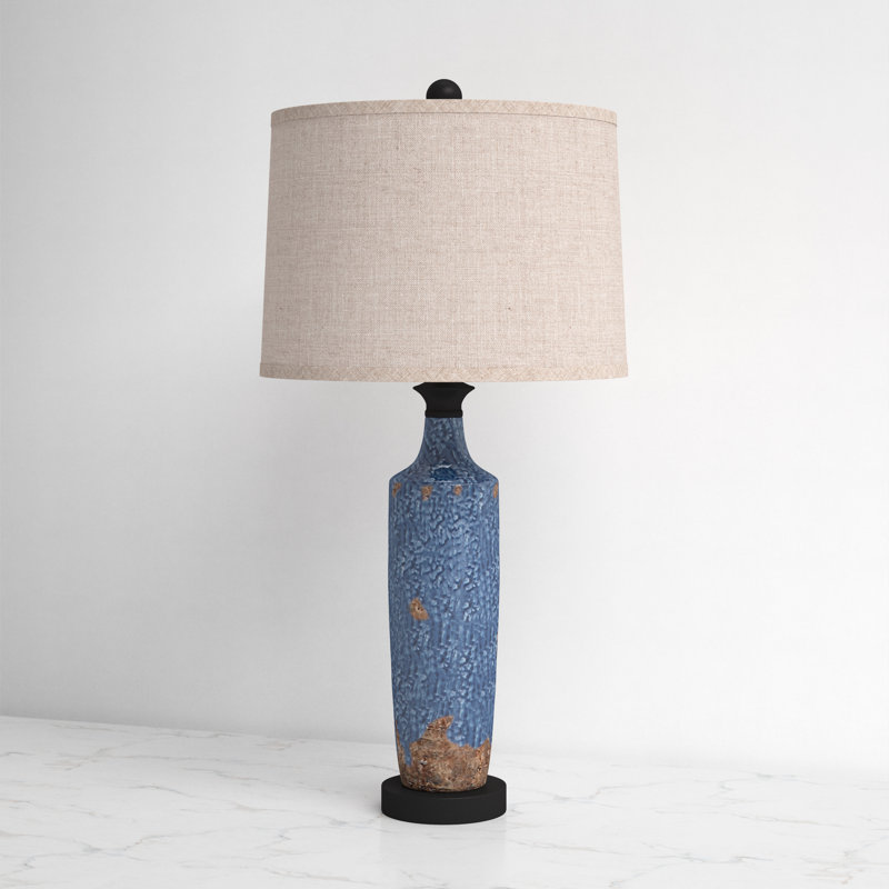 Tall Blue Textured Ceramic Table Lamp with Khaki Linen Shade