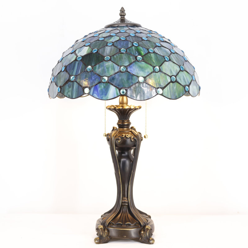 Lampe de table en verre teinté Tiffany 16 x 16 x 24 pouces bleu mer perle bureau bureau chambre à coucher lumière de lecture antique