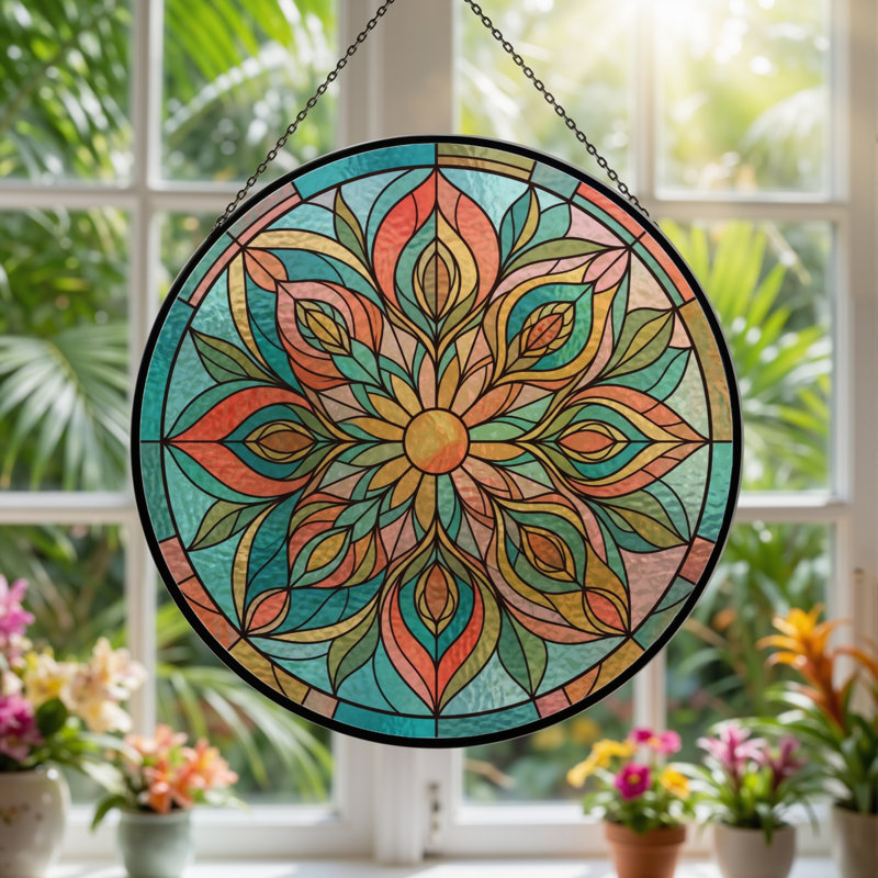 Panneau de vitrail floral en vitrail Mandala ， H 12 po, H 12 po