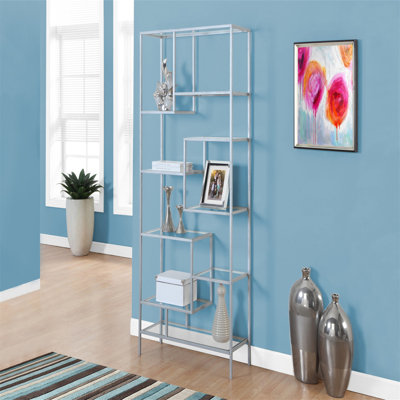 Bookshelf Bookcase Etagere 72"H Office Bedroom Metal Tempered Glass, Gray/Clear