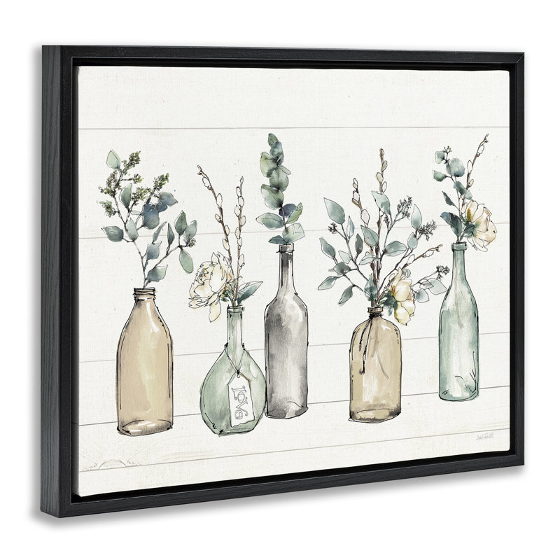 «Bottles And Plants Farm Wood Textured Design» par Anne Tavoletti, Cadre flottant noir de jais, H 21 po x l 17 po