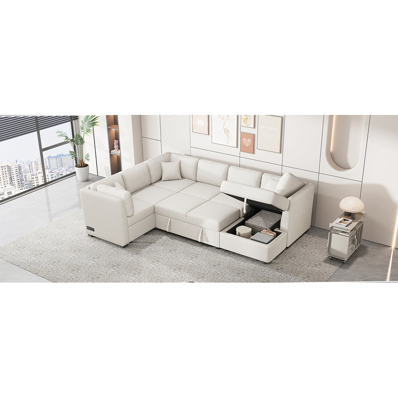 Canapé-lit modulaire en U de 108,6 po avec deux ports USB, deux prises de courant, trois coussins de dossier et une chaise de rangement