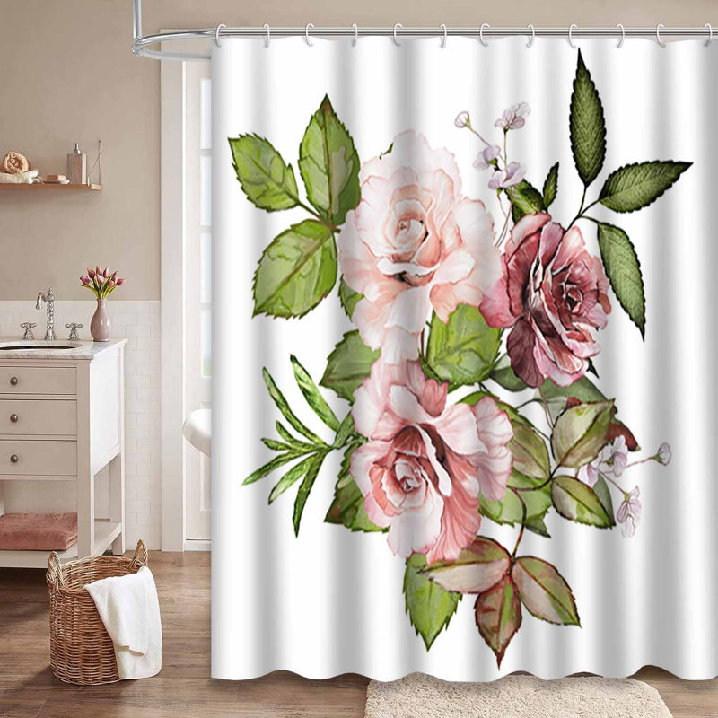 Branche aquarelle avec feuilles et fleurs botaniques bourgogne rose avec 12 crochets, L 72 po x l 78 po