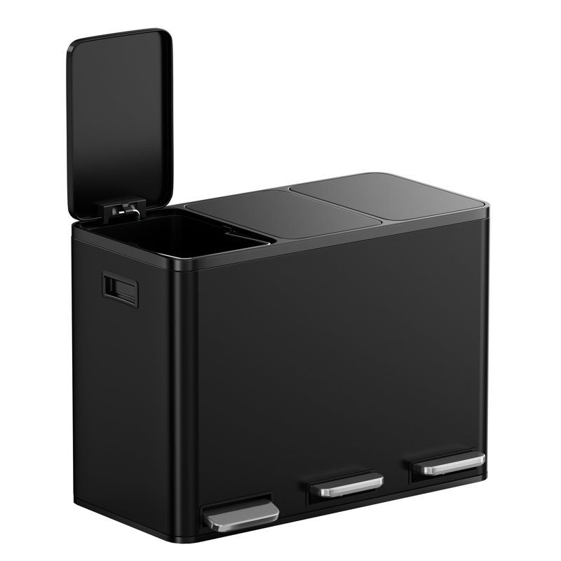 Stainless Steel 45 Litre Step On Multi-Compartments Trash & Recycling Bin, Matte Black