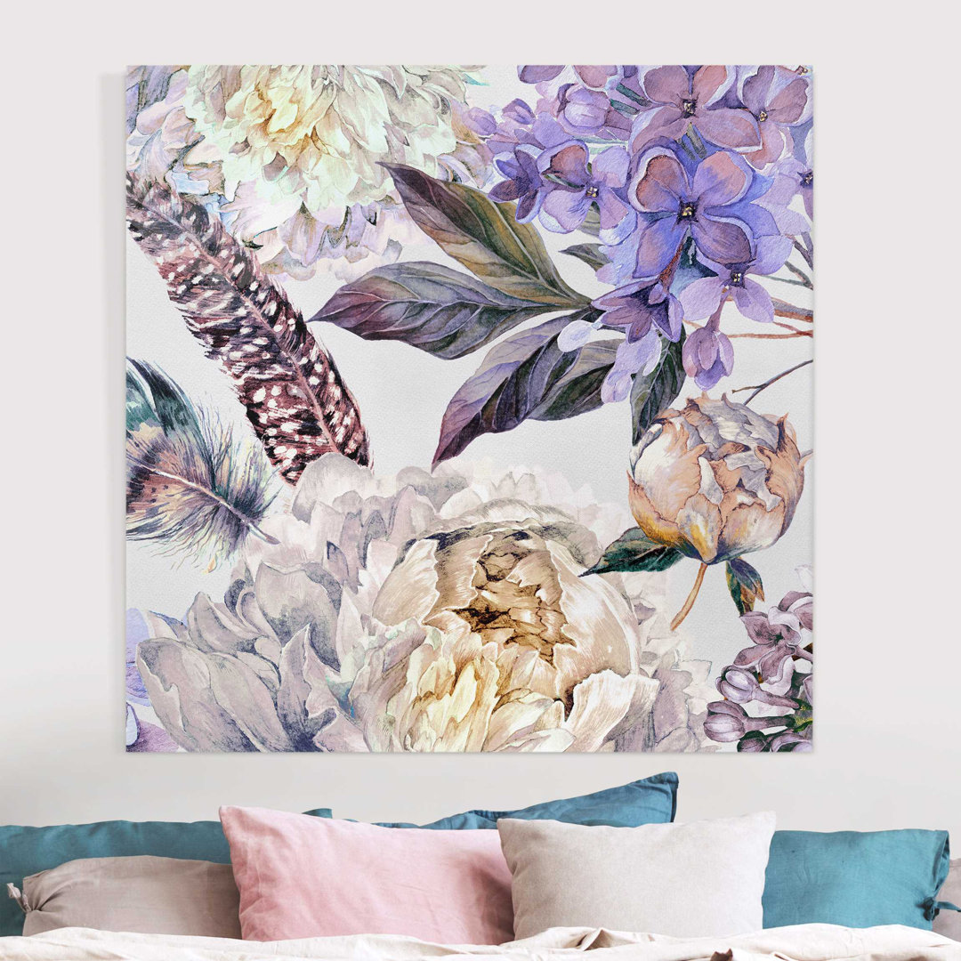 Leinwandbild Zartes Aquarell Boho Blumen und Federn Muster