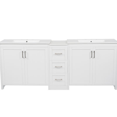 Meuble-lavabo double blanc de 84 pouces avec 2 lavabos en céramique, comptoir en quartz, rangement personnalisable, 3 tiroirs et poignées en métal argenté pour un décor de salle de bain moderne en pouces, tablettes réglables, tiroirs,