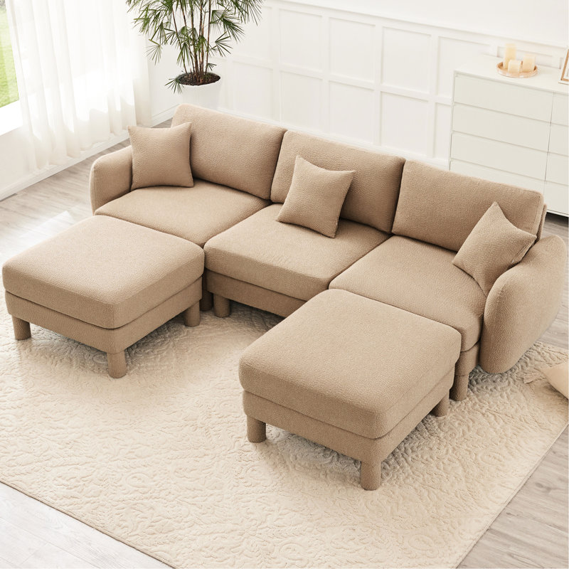 Couleur café, 3, forme en U, tissu bouclé, modulaire, distinctif, repose-pieds mobile, pieds cylindriques, confort de lecture relaxant