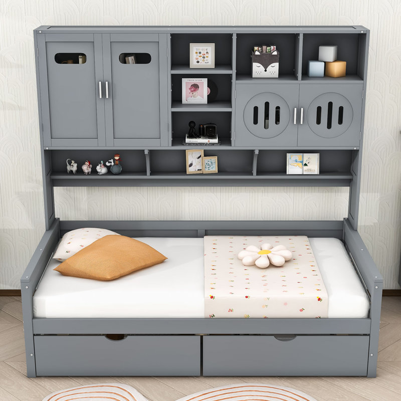 Lit de jour multifonctionnel en bois avec tiroirs de rangement intégrés G Urbani, Gris, Lit simple
