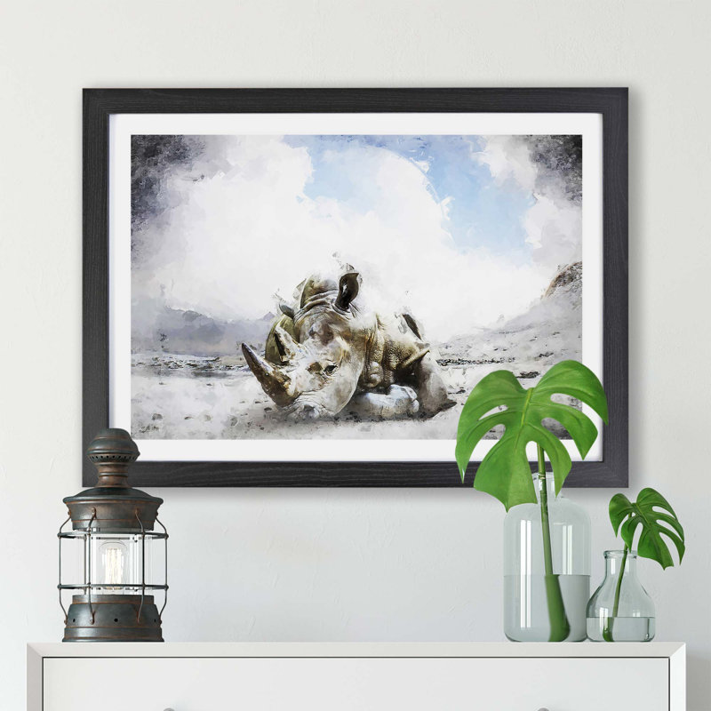 Sleeping Rhino - Framed Print, 24cm H x 33cm W x 2cm D, Black