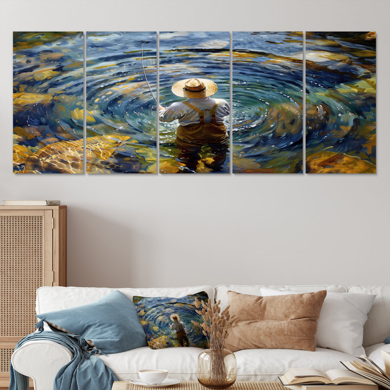 «River Trout Fishing In The Mountains I» - ensemble d'art mural Chasse et pêche, H 32 po x l 80 po