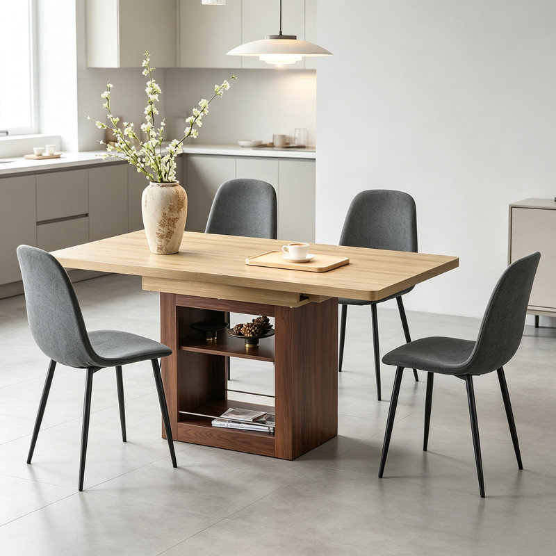 Ensemble de salle à manger extensible peu encombrant, table en bois et chaises en lin, luxe contemporain léger, restaurant maison, rangement intégré